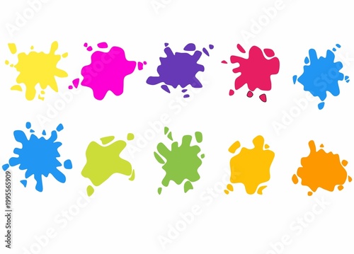 Colorful paint splashes collection isolated on white background. Set of vibrant ink splat vectors in various colors like blue, pink, yellow, and green