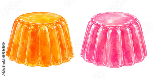 A playful watercolor collection of jelly desserts featuring glossy orange and pink gelatin treats with soft translucent texture illustrated in a clean realistic style.