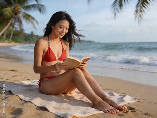 Young Asian woman reading book on beach towel in red bikini