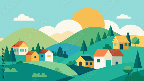 Colorful cartoon village with houses and trees on a hillside