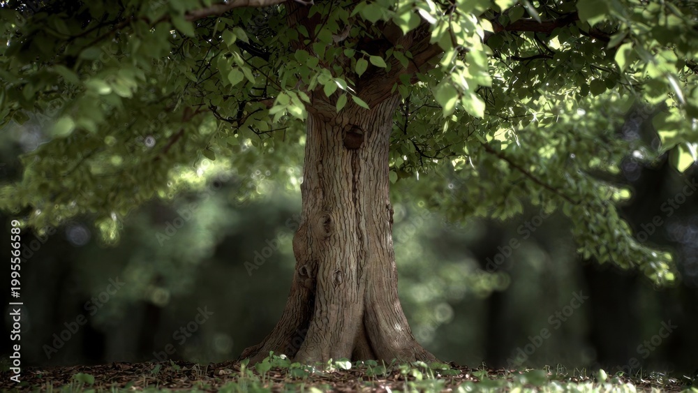 Obraz premium Large tree trunk standing in shaded forest clearing