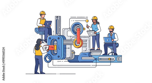 Technical illustration showing a team of engineers with laptops collaborating on a detailed factory machinery design, presented as a vector graphic with a clean, minimalist style