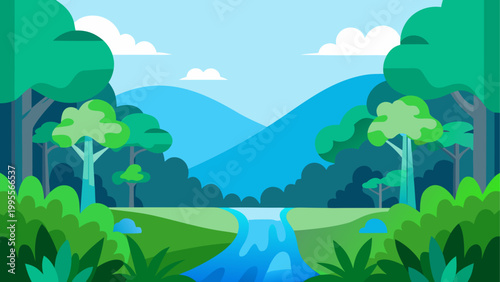 Tropical river flowing through lush green mountains under a clear sky