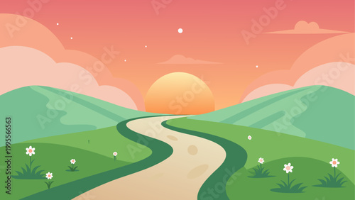A winding road through rolling green hills at sunrise