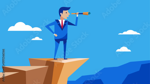 Businessman balancing on a wobbly stack of boxes against a blue sky