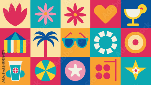 Colorful collection of summer and beach themed icons and shapes