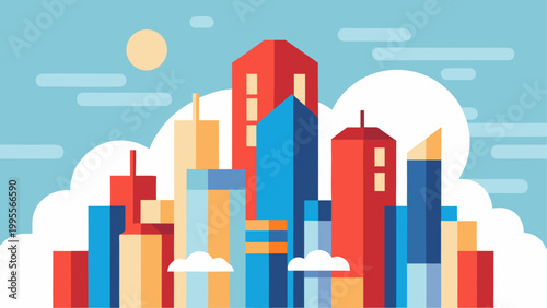 Colorful city skyline with buildings and hot air balloon at sunset