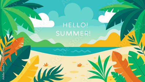 Tropical beach scene with palm trees and clear blue water