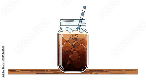 Refreshing Iced Coffee in Mason Jar with Straw on Wooden Shelf