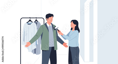 Tailor measuring man's jacket for perfect fit, fashion design, fitting room, clothes rack