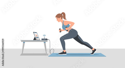 Woman doing online fitness workout with dumbbells and tablet at home