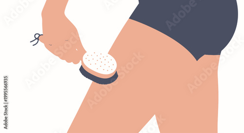 Woman dry brushing thigh for cellulite reduction and skin exfoliation