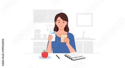 Woman Enjoying Healthy Breakfast: Milk, Bread, and Apple in Kitchen