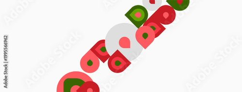 Abstract design features colorful circles, red, green, beige. Shapes overlap creating playful composition. Minimalist aesthetic.