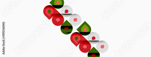 Abstract design features repeating colorful circles, red, green, black, white. Diagonal arrangement creates dynamic visual pattern.