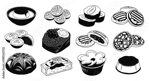 Set of hand drawn mooncake icons for Mid Autumn Festival celebration