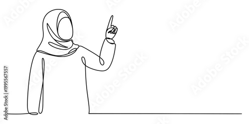 Continuous line drawing of a woman wearing a hijab pointing