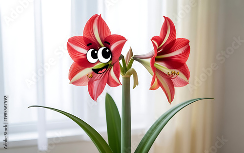 Whimsical amaryllis flower with a playful cartoon face bright and cheerful