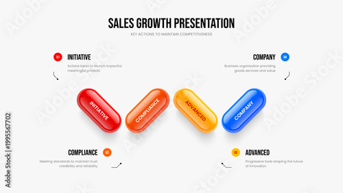 Company Innovation Slideshow Design Vector Illustration. Modern Report Four Element Diagram Frame Template. Corporate Visualization 4 Step Infographic Presentation Layout.