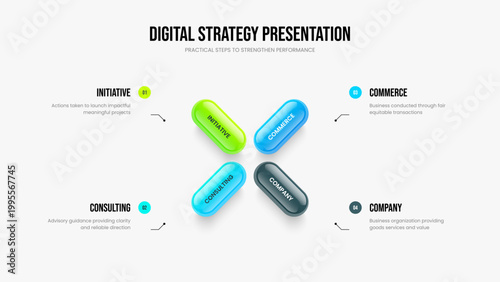 Creative Development Four Element Diagram Slide Design. Corporate Showcase 4 Option Infographic Frame Template. Investor Performance Slideshow Layout Vector Illustration.