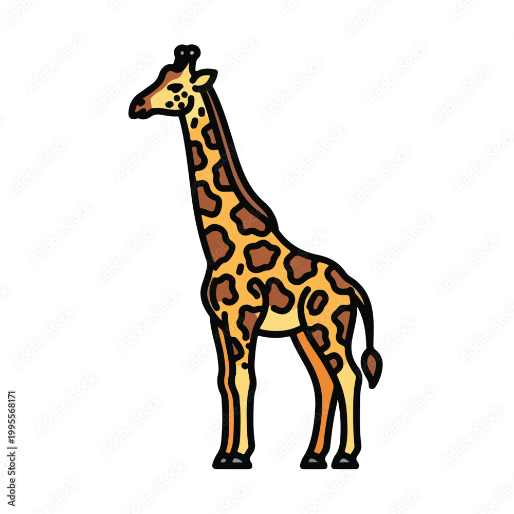 Obraz premium Standing giraffe in profile with brown and yellow spots on white