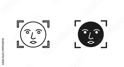 Facial recognition icons for biometric security, face ID scanning vector elements, digital identity verification and authentication symbols