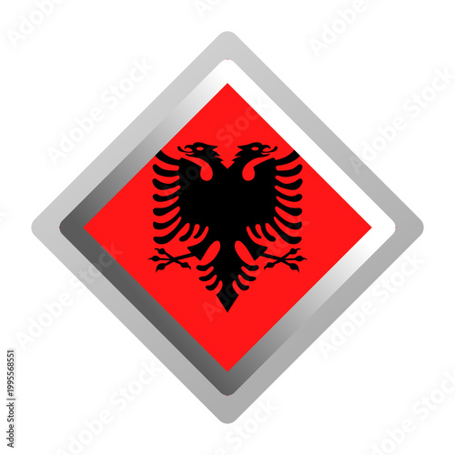 Albanian national emblem featuring a double-headed eagle on a red shield with metallic border. Ideal for cultural, historical, and patriotic projects.