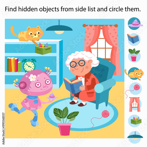 Find hidden objects from side list and circle them cozy room game. Grandmother reads book in armchair while cute pink robot girl helps in home interior with cat. Educational vector puzzle helps