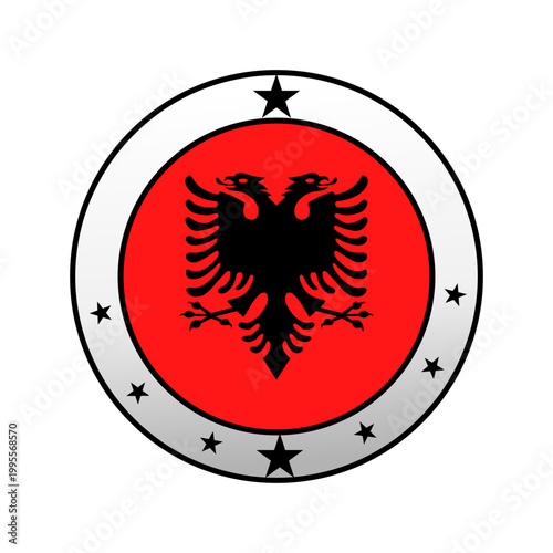 Vector illustration of Albania's official coat of arms featuring a black double-headed eagle on a red shield with golden stars. Ideal for cultural, historical, educational, and patriotic projects.