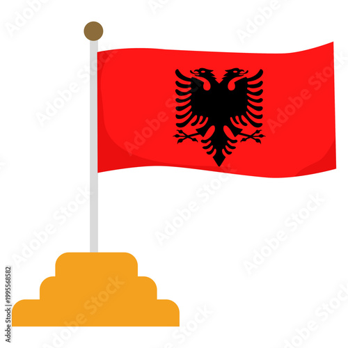 Albanian national flag featuring a black double-headed eagle on a red background, displayed on a golden pedestal. Ideal for cultural, patriotic, and national identity projects.