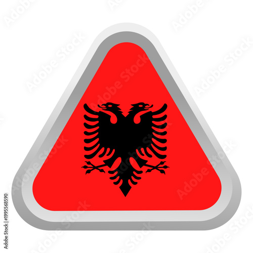 Albanian national emblem on a triangular warning sign, ideal for cultural, educational, or political design projects and editorial use.
