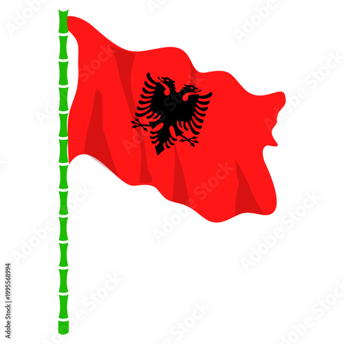 High-quality illustration of the Albanian national flag with a double-headed eagle on a red background, waving on a green pole. Ideal for patriotic, cultural, or international business projects.