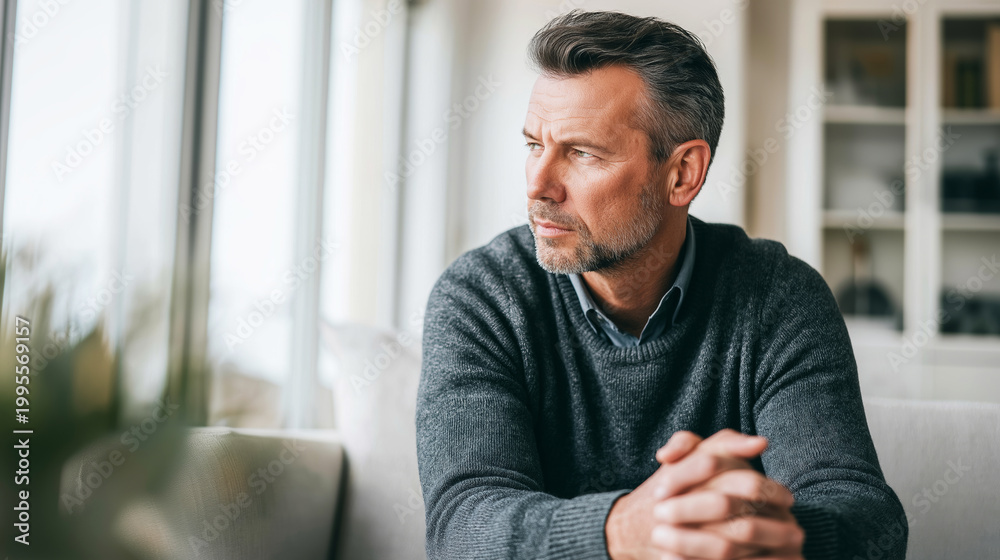 Naklejka premium Mature man sitting pensively, lost in thought by window light, reflecting on future vision and personal challenge