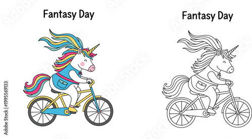 Cute Unicorn Riding Bicycle Illustration and Coloring Page for Kids - Fantasy Day Cartoon Character Vector Set