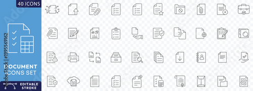 Document Line Editable Icons set. Containing paper, document, archive, folder, legal document, clipboard, mail, Etc . Fully Editable. Vector illustration.