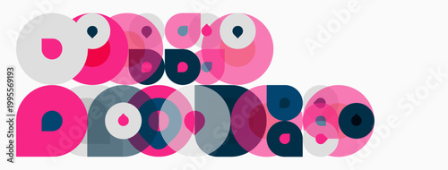 Overlapping circles create abstract composition. Pink, gray, navy hues dominate design. Modern, playful aesthetic present.