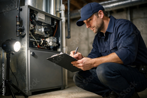 Professional HVAC technician inspecting residential furnace system in basement while taking notes, showcasing maintenance, repair service, heating system check, safety inspection, and home service wor