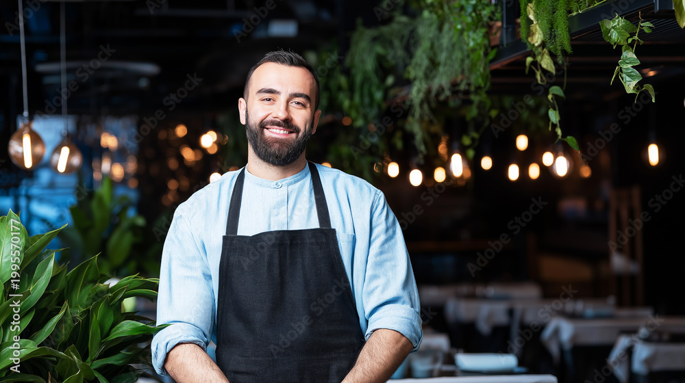 Fototapeta premium Friendly restaurant waiter smiling, offering excellent hospitality in a stylish modern dining environment