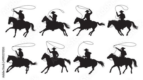 Silhouettes of cowboys on horseback one throwing a lasso in various action poses wild west silhouette