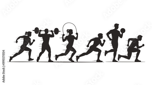 Fitness and exercise silhouette sequence: weightlifting jump rope running with exercise silhouette activity