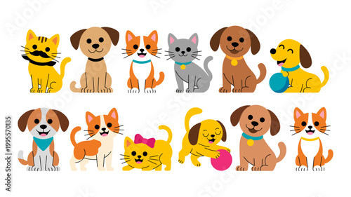 Set of adorable cartoon cats and dogs posing with toys bow tie illustration character friendly adorable