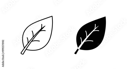 Minimalist leaf icon set in outline and solid black styles, botanical foliage vector elements, organic nature leaf symbols for eco-friendly branding