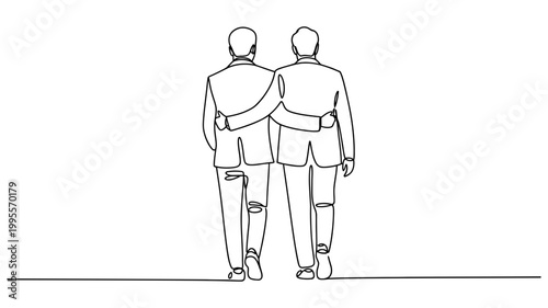 Two men in suits with arms around shoulders walking together shoulders friendship teamwork