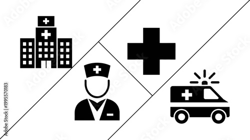 Black and white graphic of medical symbols including hospital doctor cross ambulance with healthcare, hospital