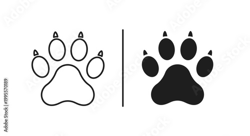 Animal paw print vector icons, black silhouette and outline dog or cat footprints with claws, wild beast track symbols for pet shop branding
