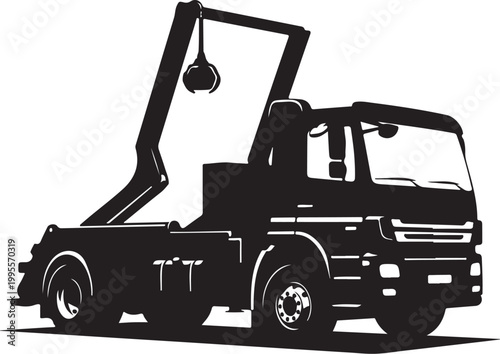 Tow truck, heavy duty vehicle, crane arm, silhouette illustration, black and white