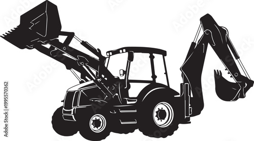 Black excavator, backhoe loader, construction vehicle, heavy equipment, silhouette icon