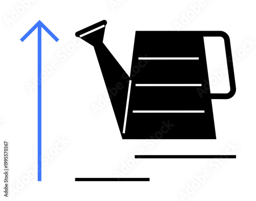 Business growth, sustainability, development strategies, nurturing ideas, progress, agriculture. Black watering can and blue upward arrow progress. Growth and sustainability concept