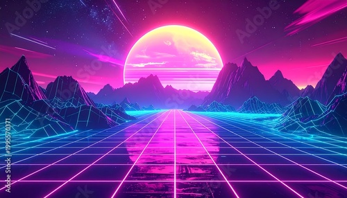 Neon landscape featuring a grid road, mountains, and a glowing sun