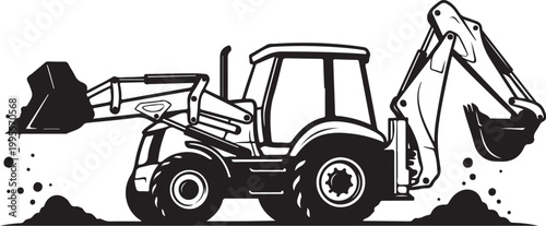 Black and white excavator tractor, construction vehicle, digger illustration, heavy equipment